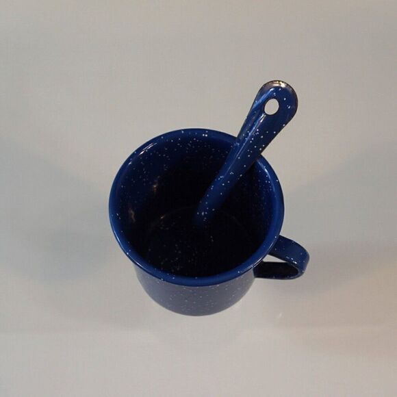 Enamelware Mug With Spoon Blue Speckled White Camping Fireside 12 oz Cup - Picture 5 of 6
